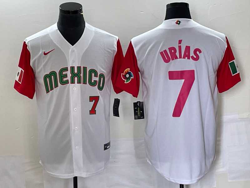 Mens Mexico Baseball #7 Julio Urias Number 2023 White Red World Classic Stitched Jersey26